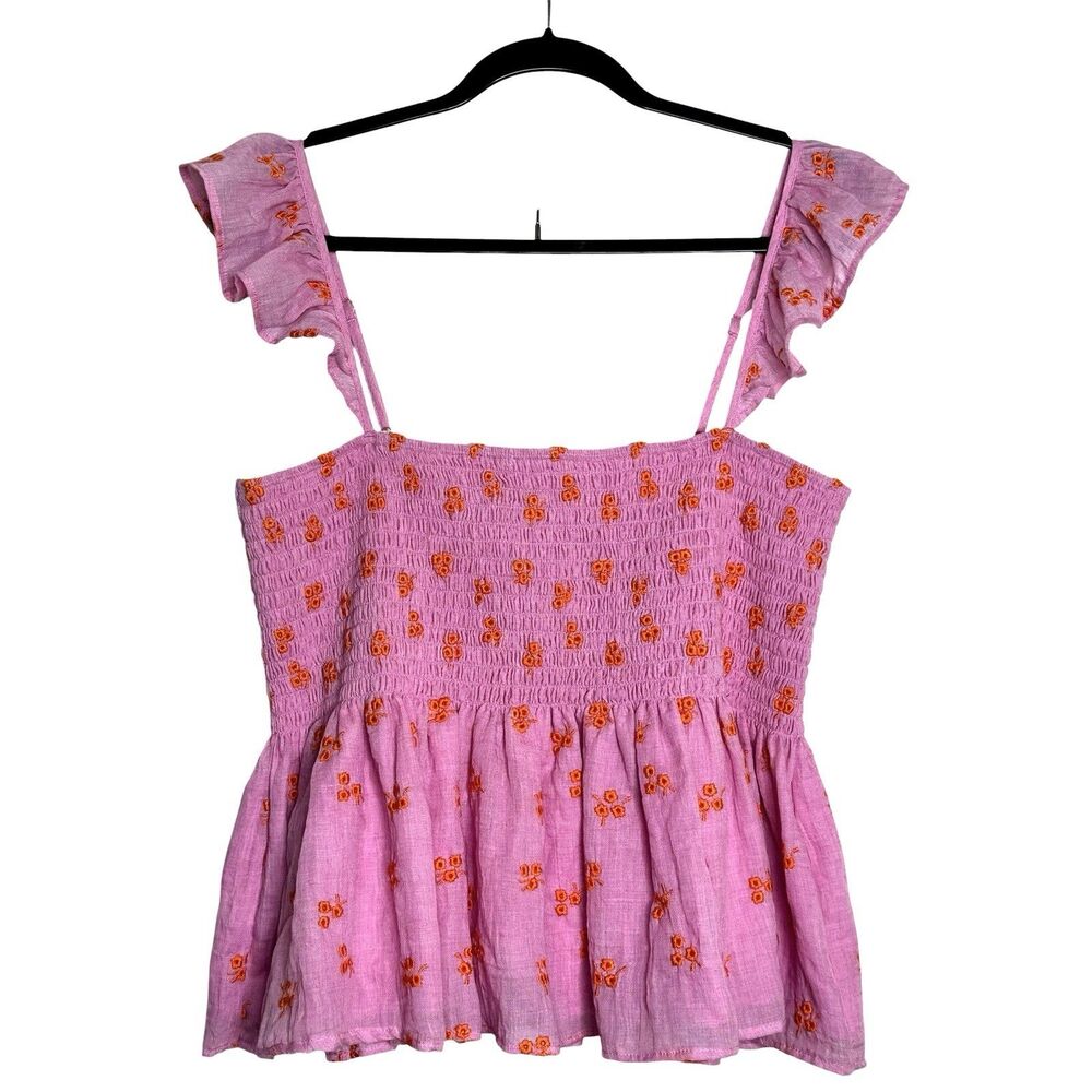 Arula Floral Smocked‎ Ruffle Strap Top Size 1X Cropped Pink Whimsical Romantic